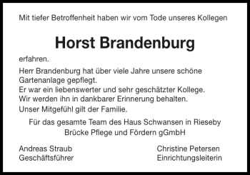 Traueranzeige von Horst Brandenburg von Eckernförder Zeitung