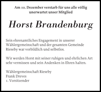 Traueranzeige von Horst Brandenburg von Eckernförder Zeitung