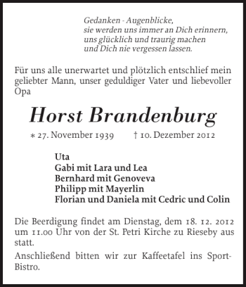 Traueranzeige von Horst Brandenburg von Eckernförder Zeitung