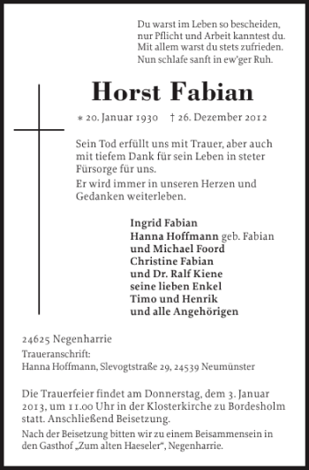 Traueranzeige von Horst Fabian von Holsteinischer Courier