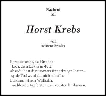 Traueranzeige von Horst Krebs von Norddeutsche Rundschau