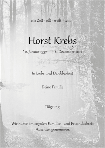 Traueranzeige von Horst Krebs von Norddeutsche Rundschau