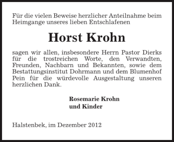 Traueranzeige von Horst Krohn von Pinneberger Tageblatt