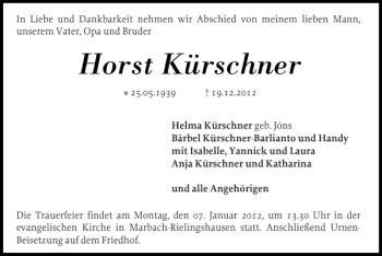 Traueranzeige von Horst Kürschner von Schleswiger Nachrichten