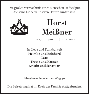 Traueranzeige von Horst Meißner von Elmshorner Nachrichten