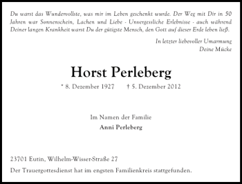Traueranzeige von Horst Perleberg von Ostholsteiner Anzeiger
