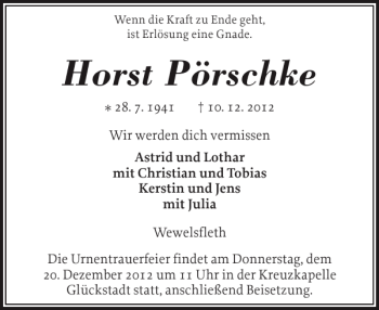 Traueranzeige von Horst Pörschke von Norddeutsche Rundschau