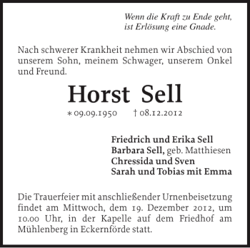 Traueranzeige von Horst Sell von Eckernförder Zeitung