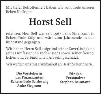 Traueranzeige von Horst Sell von Eckernförder Zeitung