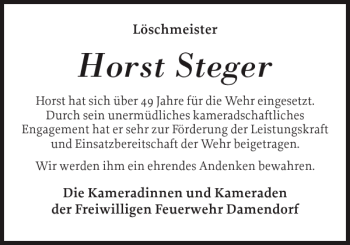 Traueranzeige von Horst Steger von Eckernförder Zeitung