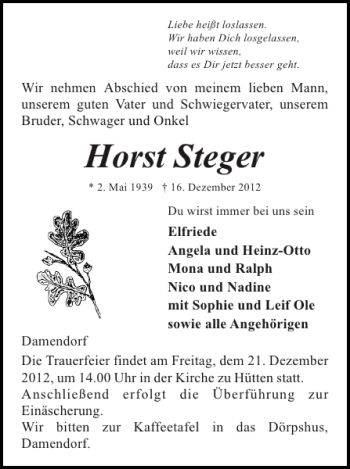 Traueranzeige von Horst Steger von Eckernförder Zeitung