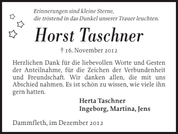 Traueranzeige von Horst Taschner von Norddeutsche Rundschau