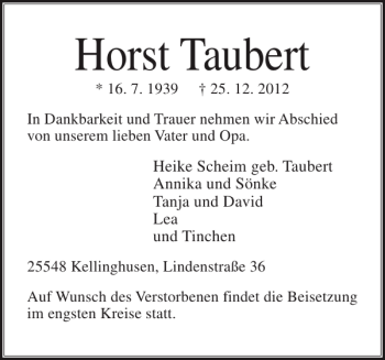 Traueranzeige von Horst Taubert von Norddeutsche Rundschau