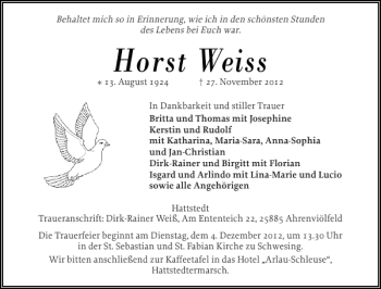Traueranzeige von Horst Weiss von Husumer Nachrichten