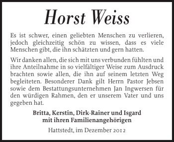 Traueranzeige von Horst Weiss von Husumer Nachrichten