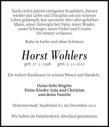 Traueranzeige von Horst Wohlers von Landeszeitung