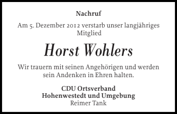 Traueranzeige von Horst Wohlers von Landeszeitung