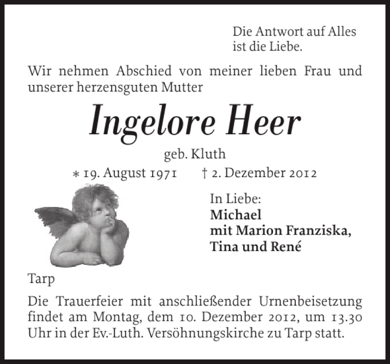  Traueranzeige für Ingelore Heer vom 07.12.2012 aus Flensburger Tageblatt