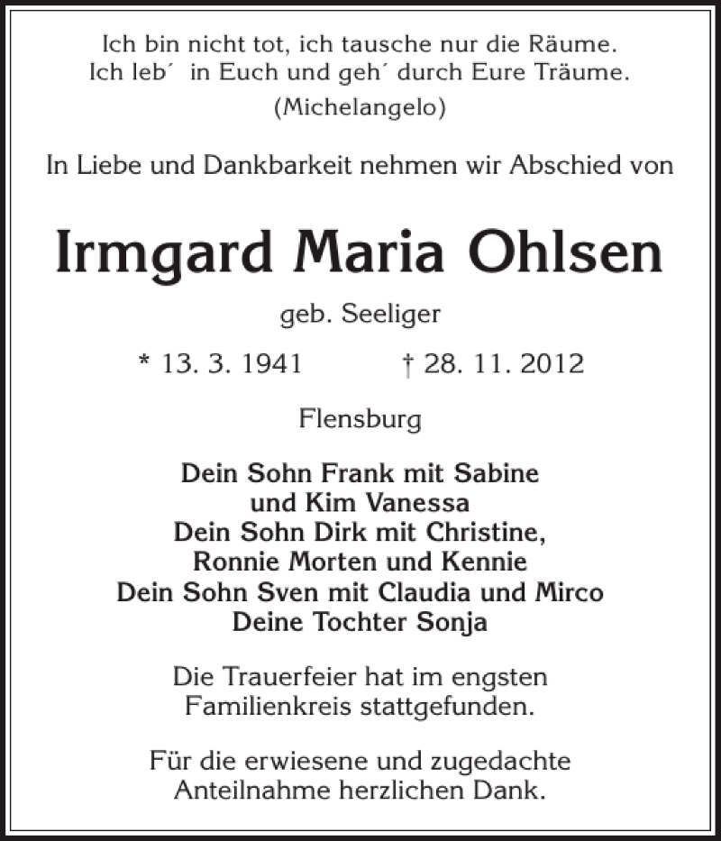  Traueranzeige für Irmgard Maria Ohlsen vom 08.12.2012 aus Flensburger Tageblatt
