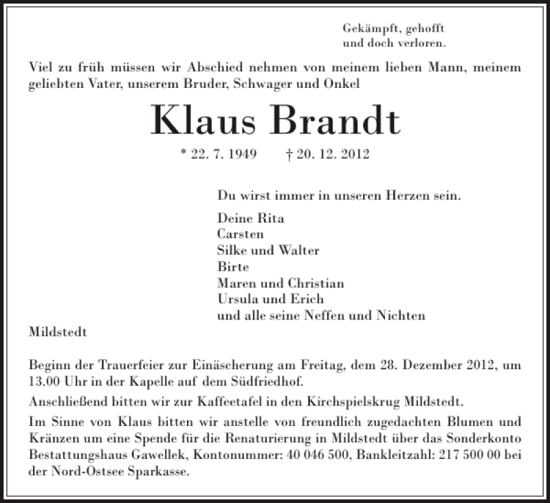  Traueranzeige für Klaus Brandt vom 24.12.2012 aus Husumer Nachrichten
