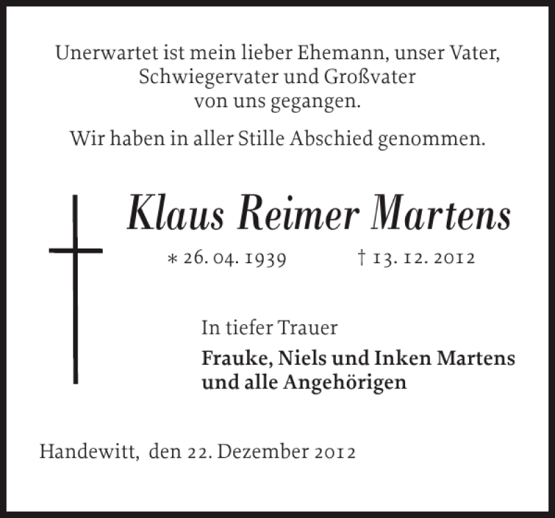  Traueranzeige für Klaus Reimer Martens vom 24.12.2012 aus Flensburger Tageblatt