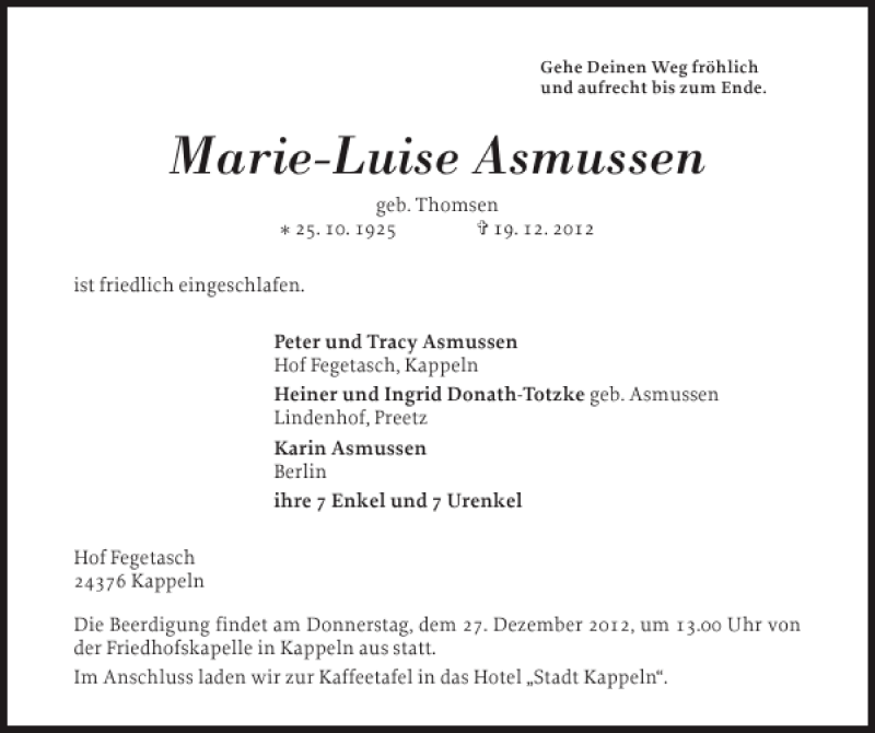  Traueranzeige für Marie-Luise Asmussen vom 22.12.2012 aus Schlei-Bote
