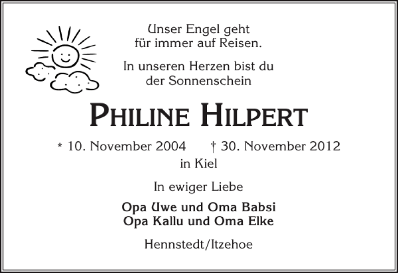  Traueranzeige für PHILINE HILPERT vom 04.12.2012 aus Norddeutsche Rundschau