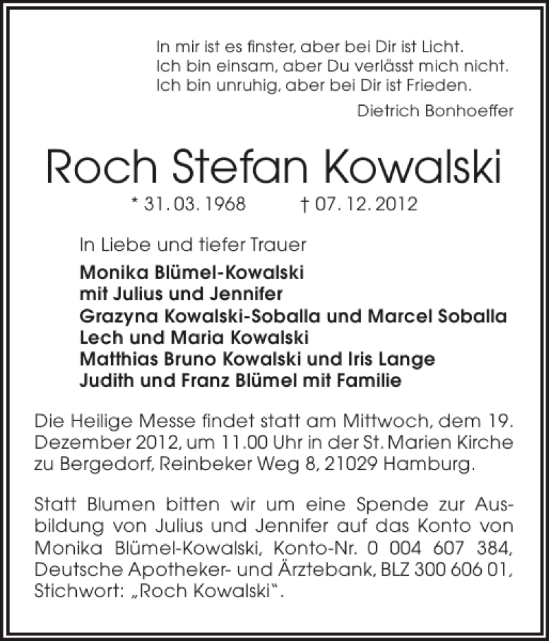  Traueranzeige für Roch Stefan Kowalski vom 15.12.2012 aus Flensburger Tageblatt