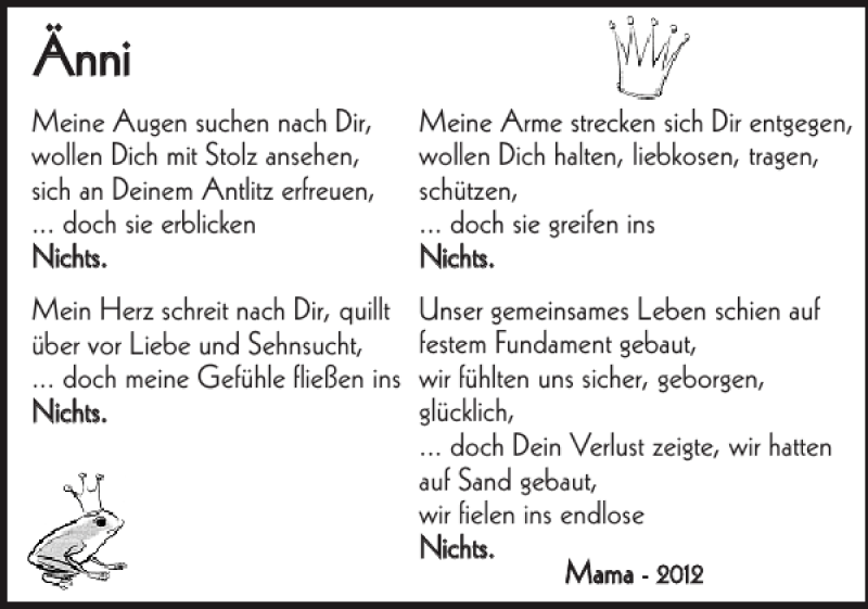  Traueranzeige für Änni  vom 19.12.2012 aus Holsteinischer Courier