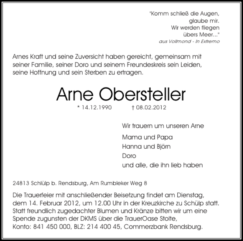  Traueranzeige für Arne Obersteller vom 11.02.2012 aus Flensburger Tageblatt