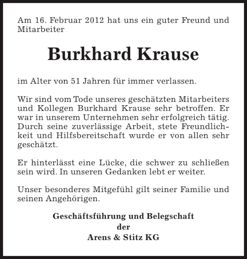  Traueranzeige für Burkhard Krause vom 22.02.2012 aus Pinneberger Tageblatt