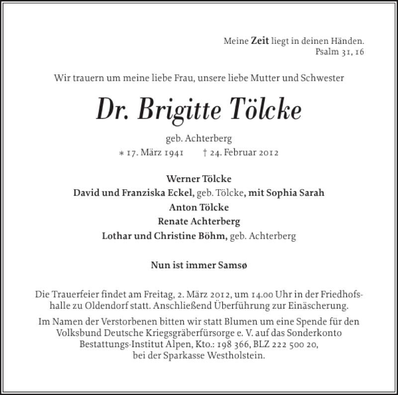  Traueranzeige für Dr. Brigitte Tölcke vom 28.02.2012 aus Norddeutsche Rundschau
