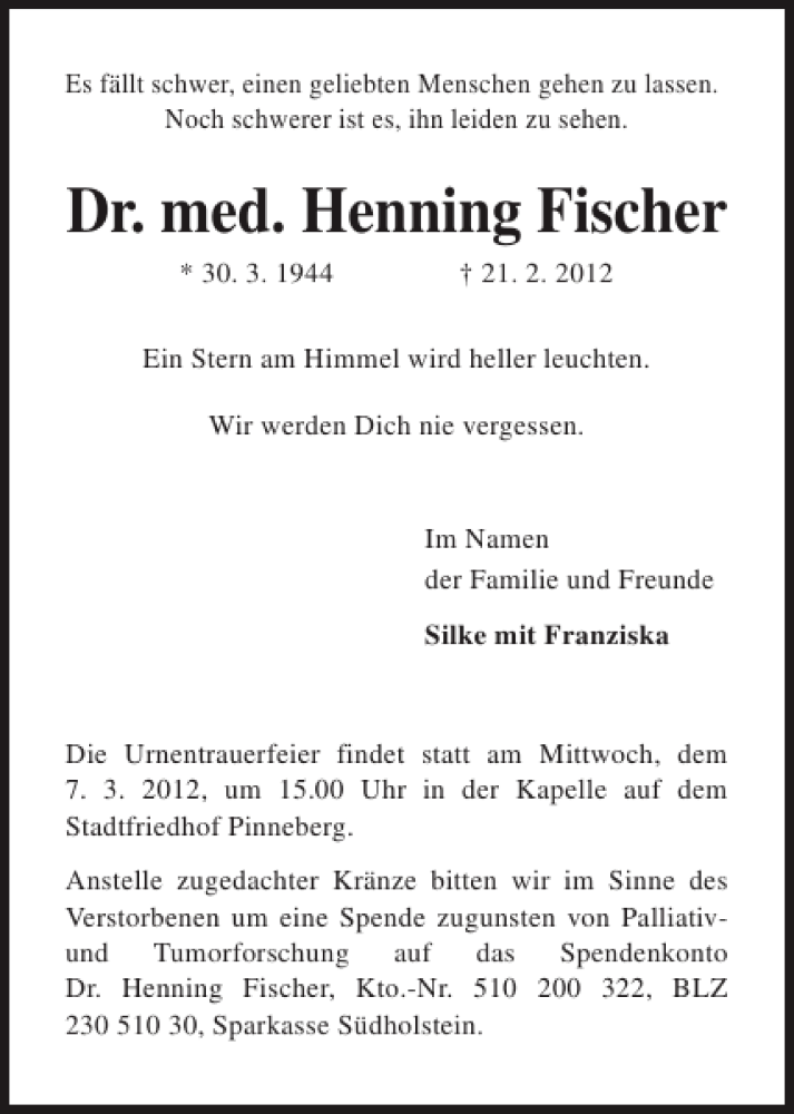  Traueranzeige für Dr. med. Henning Fischer vom 25.02.2012 aus Pinneberger Tageblatt