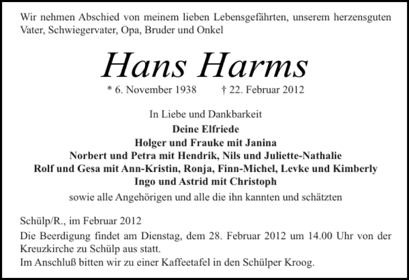  Traueranzeige für Hans Harms vom 25.02.2012 aus Landeszeitung