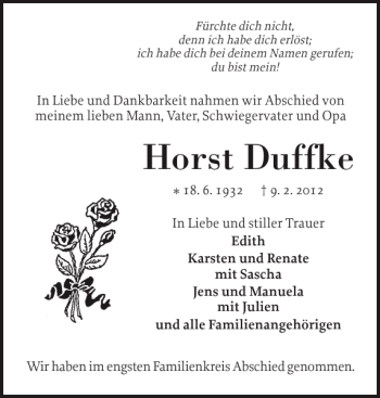Traueranzeige von Horst Duffke von Elmshorner Nachrichten