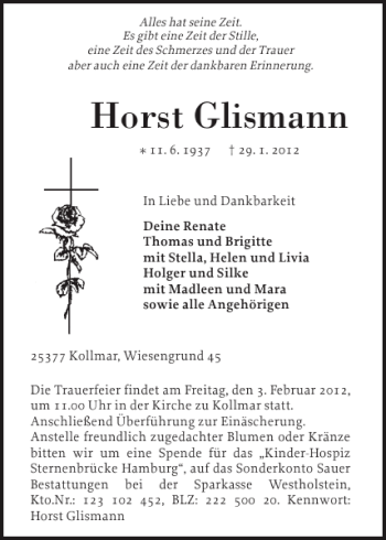 Traueranzeige von Horst Glismann von Norddeutsche Rundschau