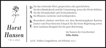 Traueranzeige von Horst Hansen von Husumer Nachrichten