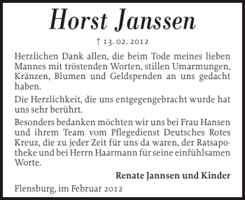 Traueranzeige von Horst Janssen von Flensburger Tageblatt