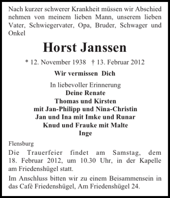 Traueranzeige von Horst Janssen von Flensburger Tageblatt