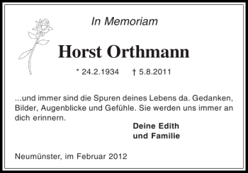 Traueranzeige von Horst Orthmann von Holsteinischer Courier