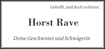 Traueranzeige von Horst Rave von Ostholsteiner Anzeiger