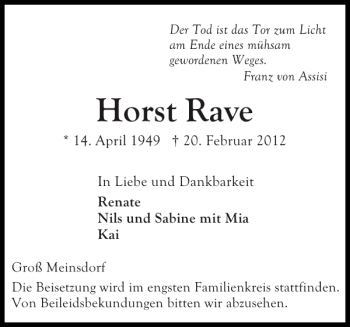 Traueranzeige von Horst Rave von Ostholsteiner Anzeiger