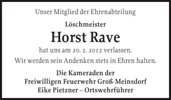 Traueranzeige von Horst Rave von Ostholsteiner Anzeiger