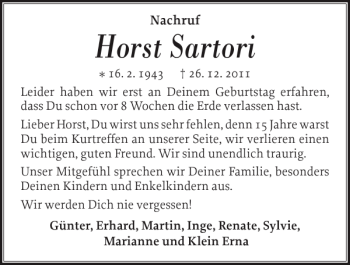 Traueranzeige von Horst Sartori von Norddeutsche Rundschau