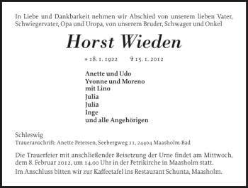 Traueranzeige von Horst Wieden von Flensburger Tageblatt