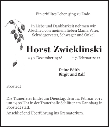Traueranzeige von Horst Zwicklinski von Holsteinischer Courier