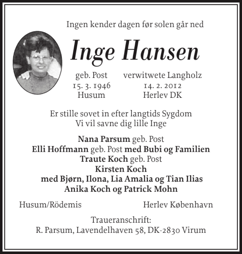  Traueranzeige für Inge Hansen vom 17.02.2012 aus Husumer Nachrichten