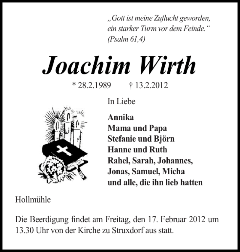 Traueranzeige für Joachim Wirth vom 16.02.2012 aus Landeszeitung