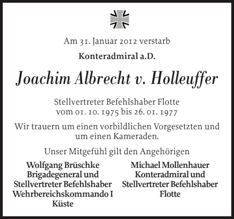  Traueranzeige für Joachim Albrecht v. Holleuffer vom 11.02.2012 aus Flensburger Tageblatt