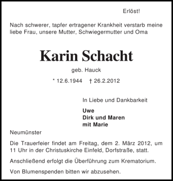 Traueranzeige von Karin Schacht von Holsteinischer Courier